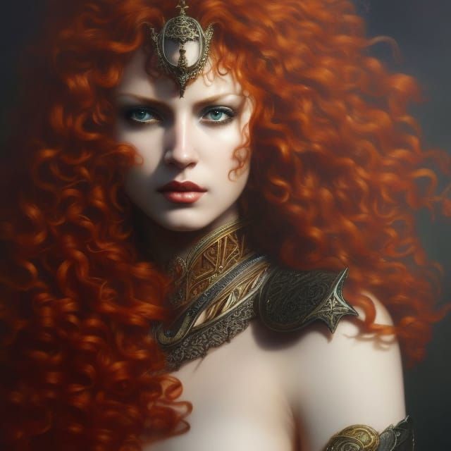 Red-Haired Goddess with Dagger: Hyperrealistic Portrait