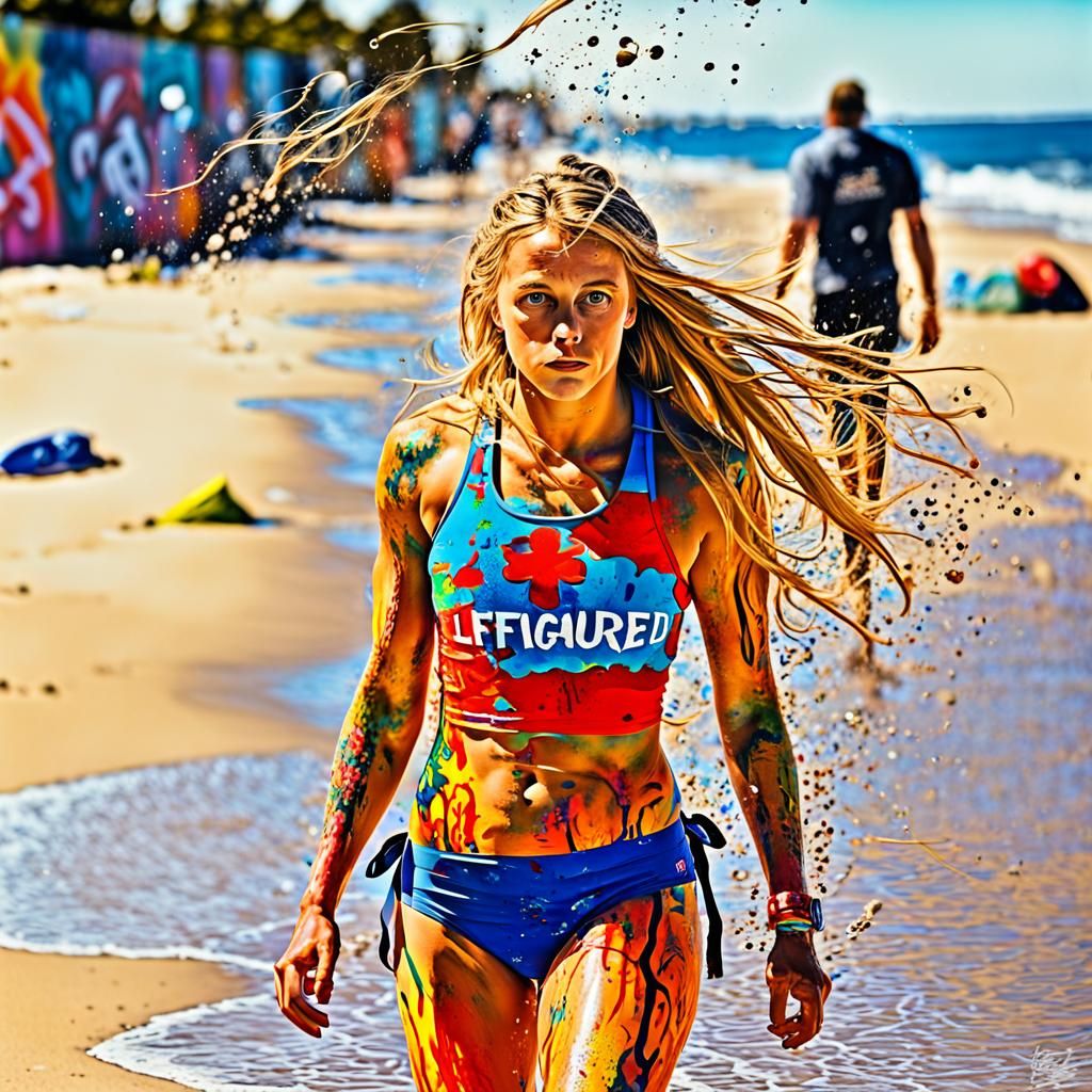 Blonde Lifeguard on Beach in Graffiti Art Style