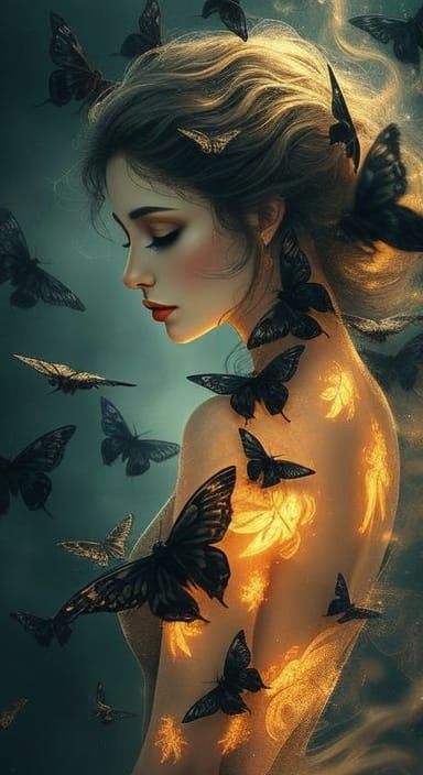 Woman Dissolving into Moths in Surreal Illustration