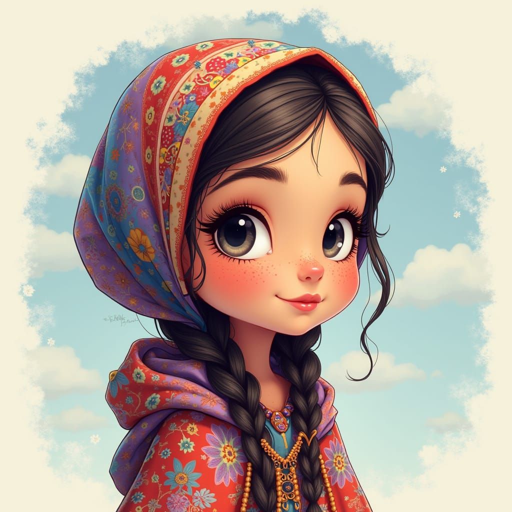 Cartoon Girl with Intricate Headscarf in Fantasy Style