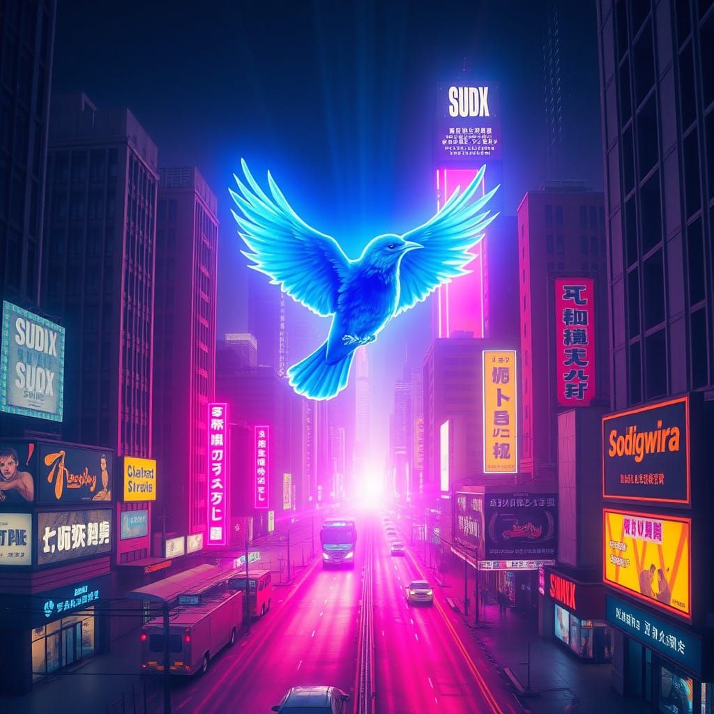 Blue Bird Illuminates Futuristic Cityscape in Vibrant Glow