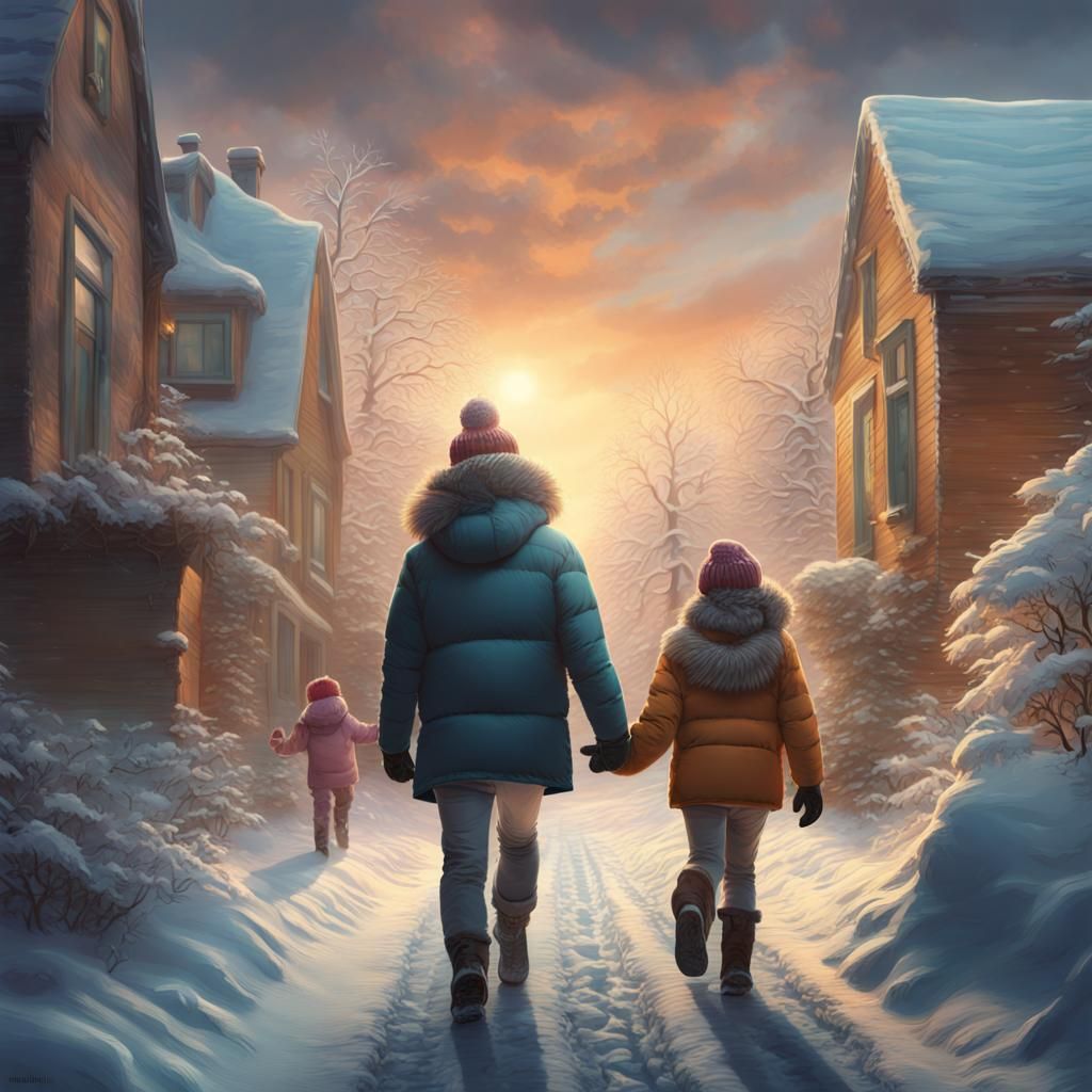 Family Winter Walk: Detailed Digital Matte Painting