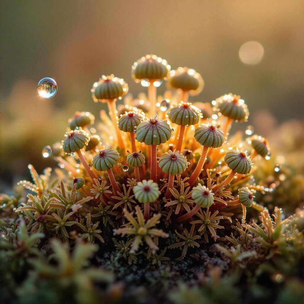 Hyperrealistic Macro Photo of Moss With Dewdrops