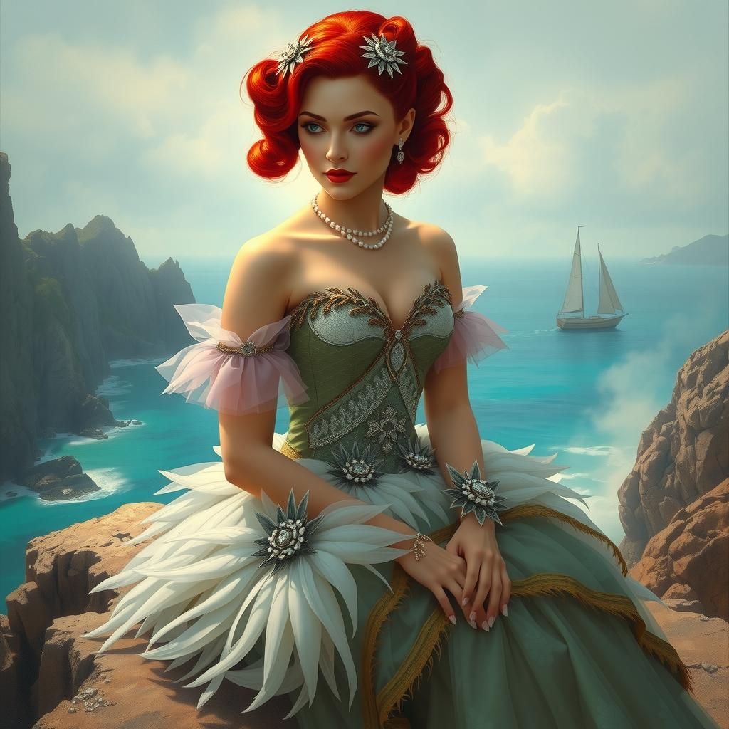 Glamorous Redhead in Fantasy Gown on Rocky Coast