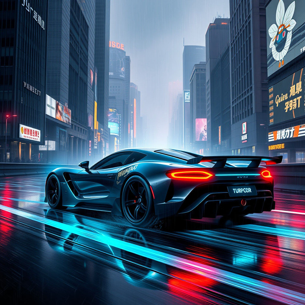 Futuristic Neon Supercar Speeding Through Cyberpunk Cityscap...