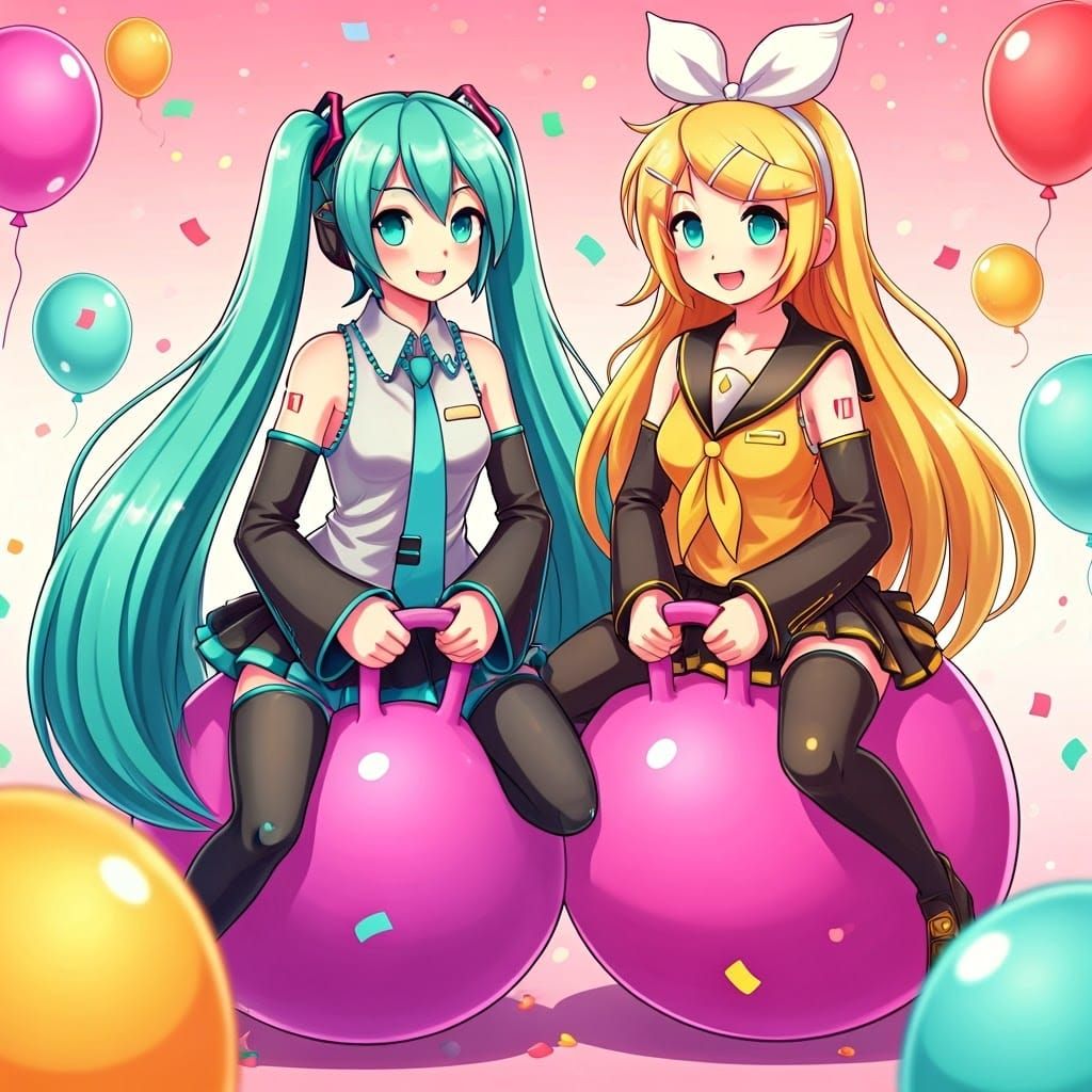 Hatsune Miku and Rin on Hopper Balls