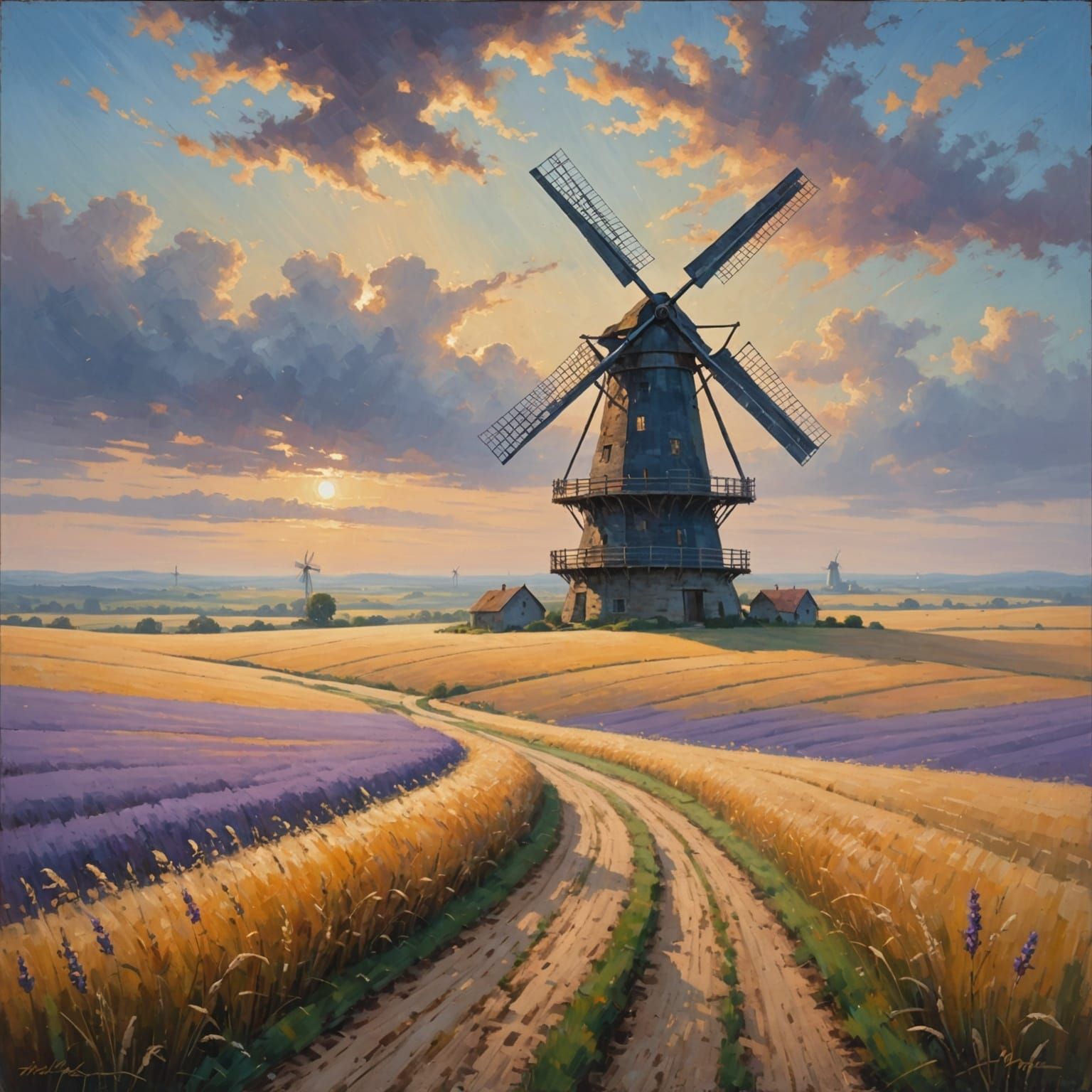 Windmill in Golden Field at Dusk: Oil Painting