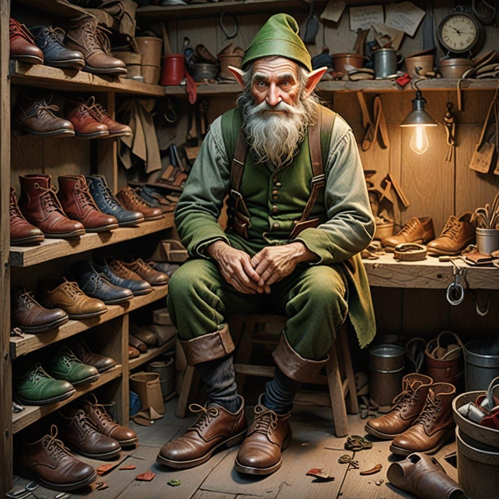 Elves Crafting Shoes in Cozy Workshop