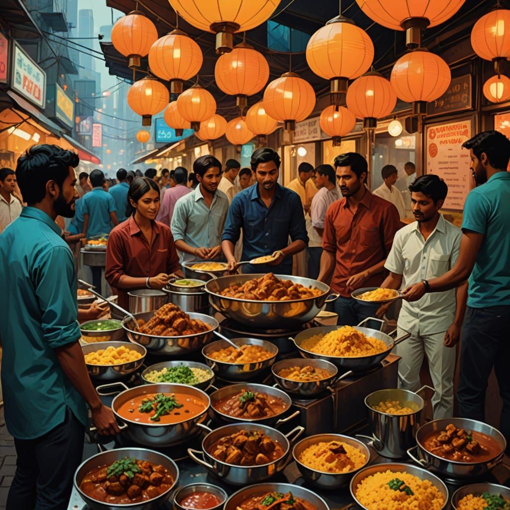 Vibrant Indian Street Food Scene with Gigantic Curry Dish an...