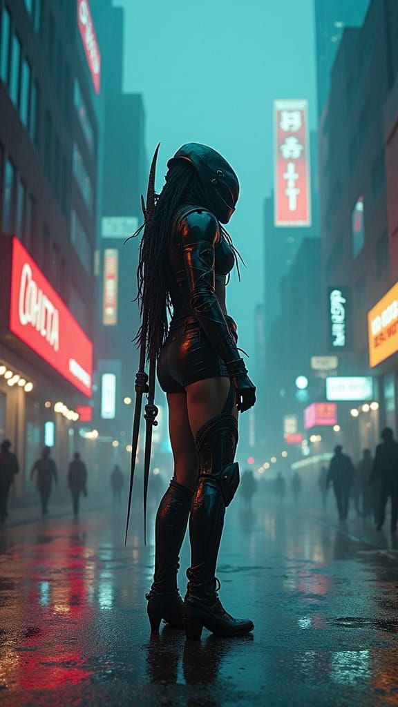 Cyberpunk Predator Woman in Dystopian Cityscape