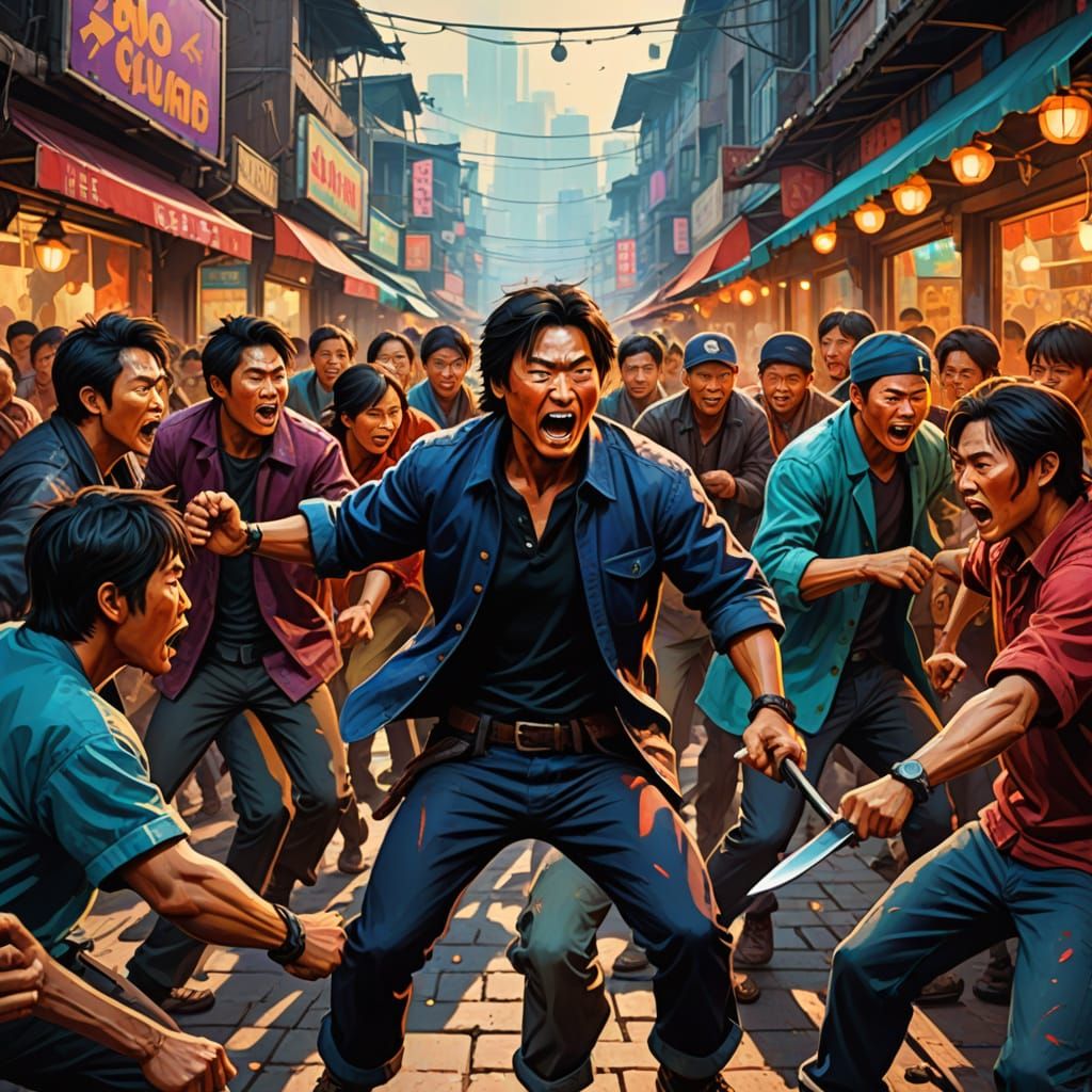 Epic Axe Gang Battle in a Bustling Market Scene