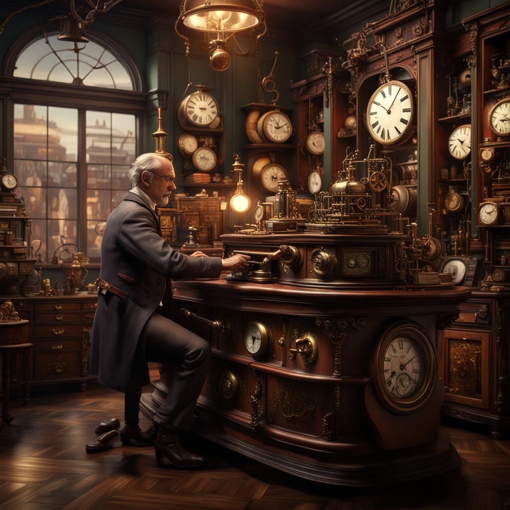 Steampunk Boutique with Tinkerer, Detailed Matte Painting