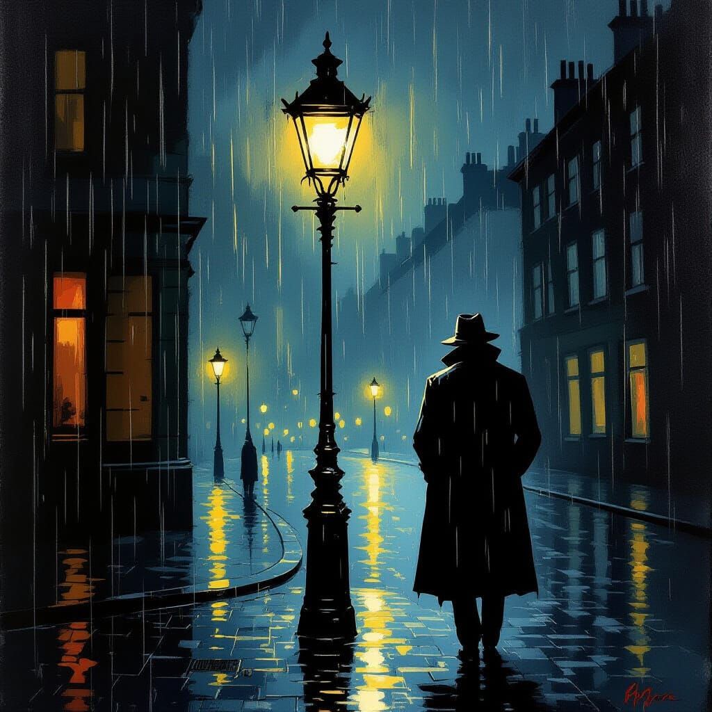 Shadowy Figure in Trench Coat Under Street Lamp in Rain