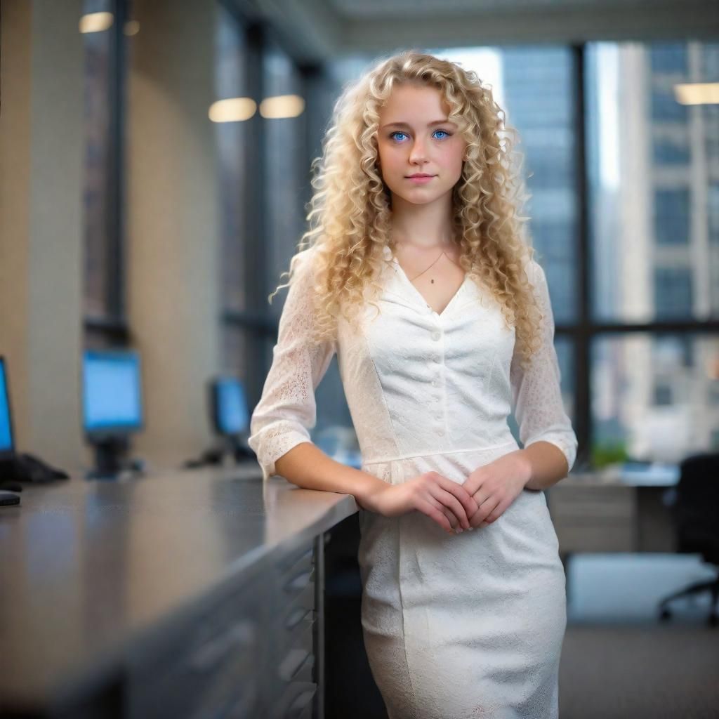 20 year old woman . Curly long blond Hair, Blue Eyes, Secretary. Office building New York. White Dress

Weight:1   Save
...