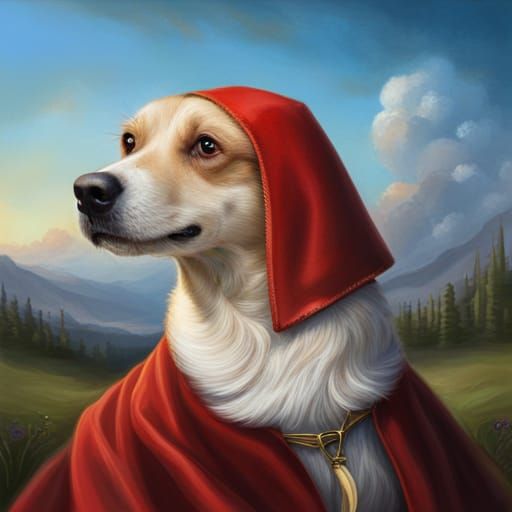 Dog in Red Cape: Hyperrealistic Splash Art