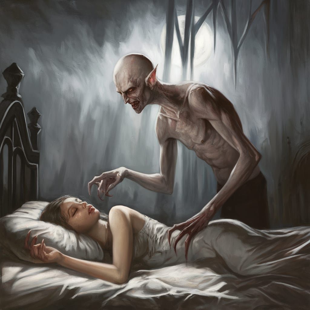 Ethereal Moonlight Illuminates Vampire Watching Sleeping Wom...
