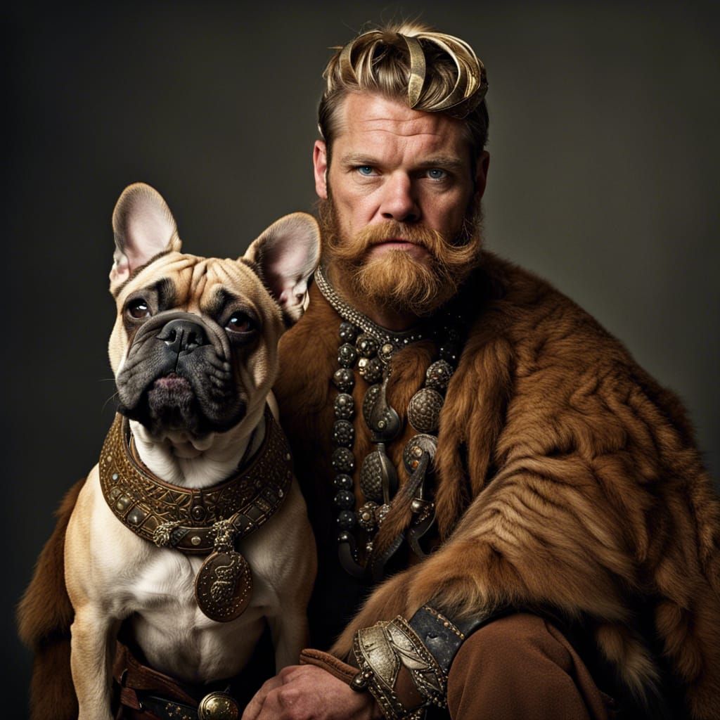 Viking and French Bulldog Portrait in Studio Lighting