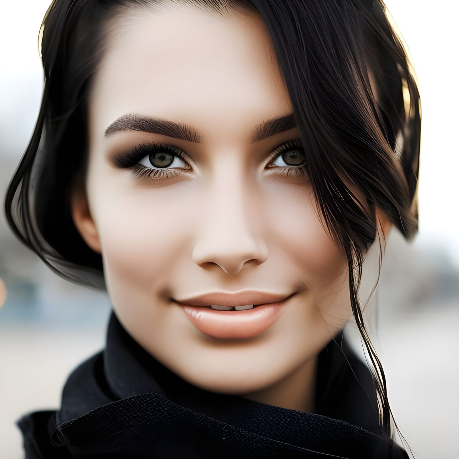 Smiling Woman in Winter Coat, Hyperrealistic Portrait