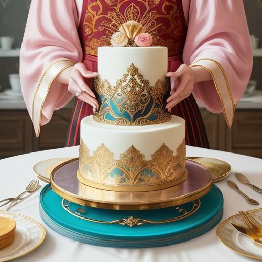 Glamorous Chef Decorating Shrimp Wedding Cake Art Nouveau