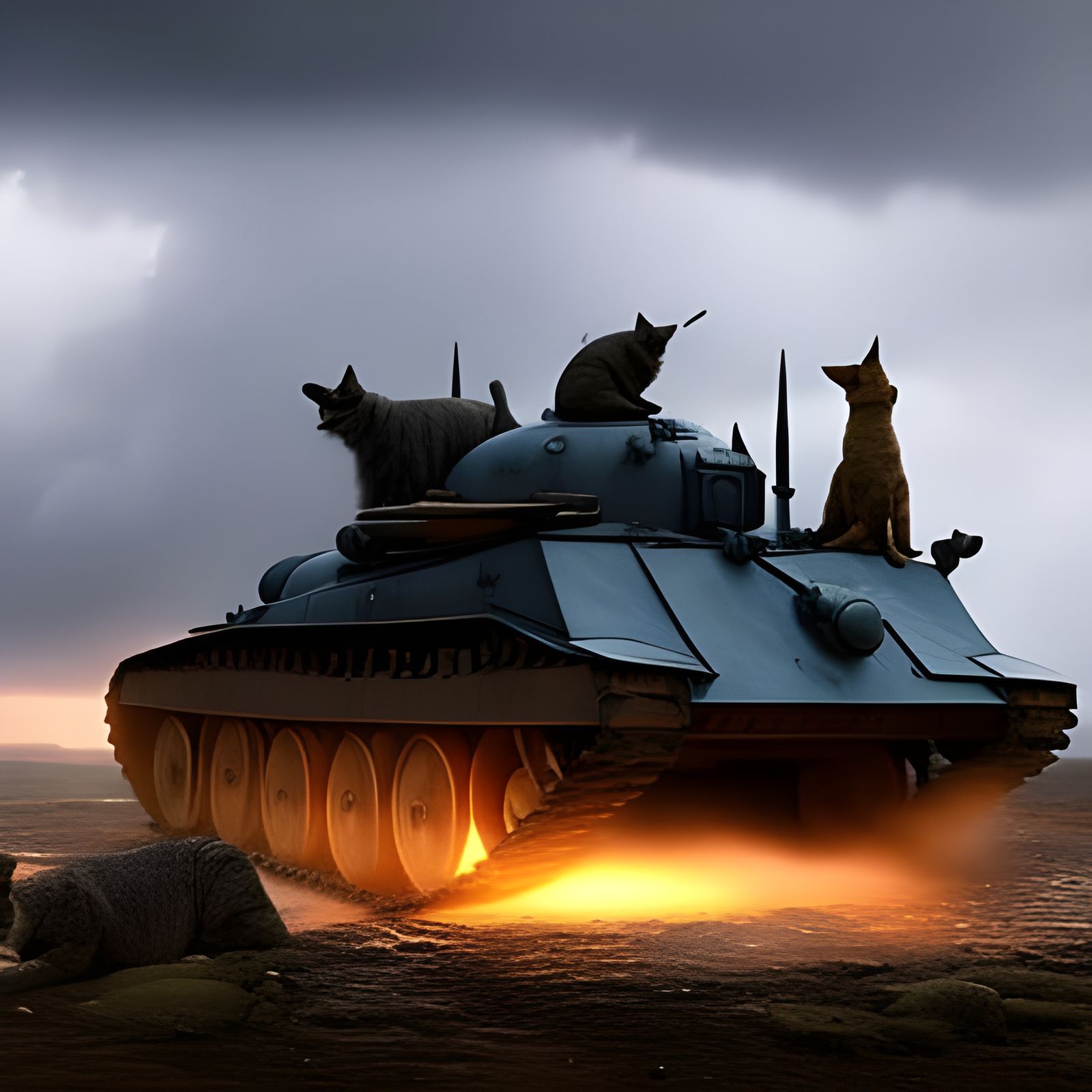Cats on Sherman Tank in Bosch-esque Storm