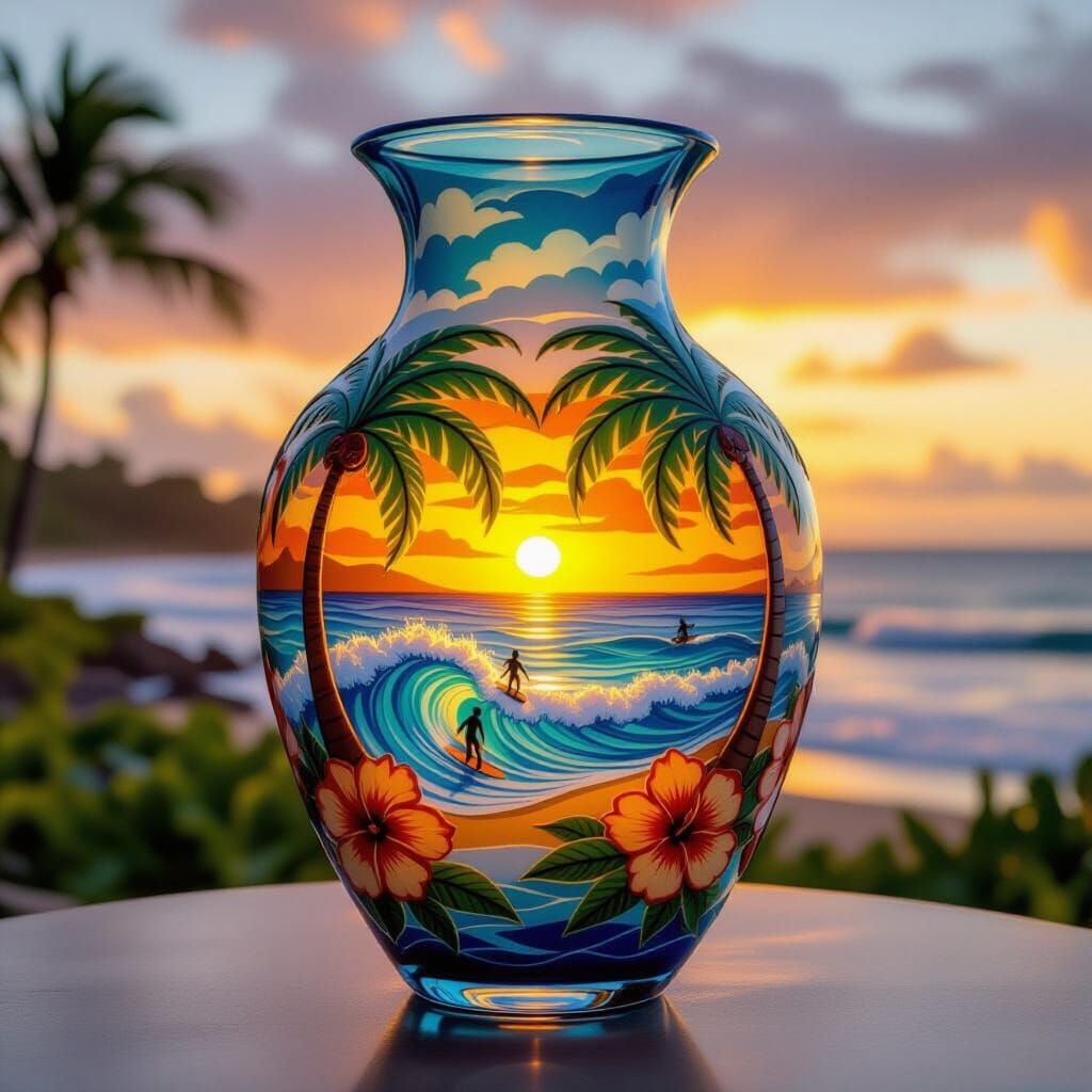 Hawaiian Sunset Coastline Carved Vase Art