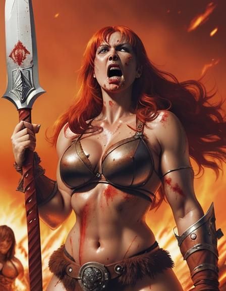 Red Sonja, Intimidating Barbarian with Claymore in Anime Sty...