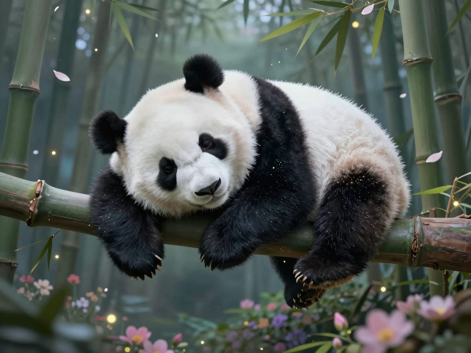 Cute Panda Sleeps Peacefully on Bamboo Branch in Digital Art
