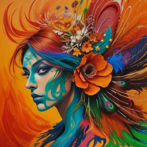 Abstract Expressionist Woman with Peacock Feathers