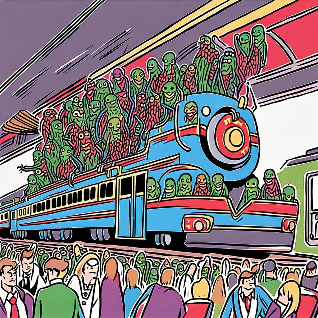 Superman riding on a train full of Frankenstein Monsters!