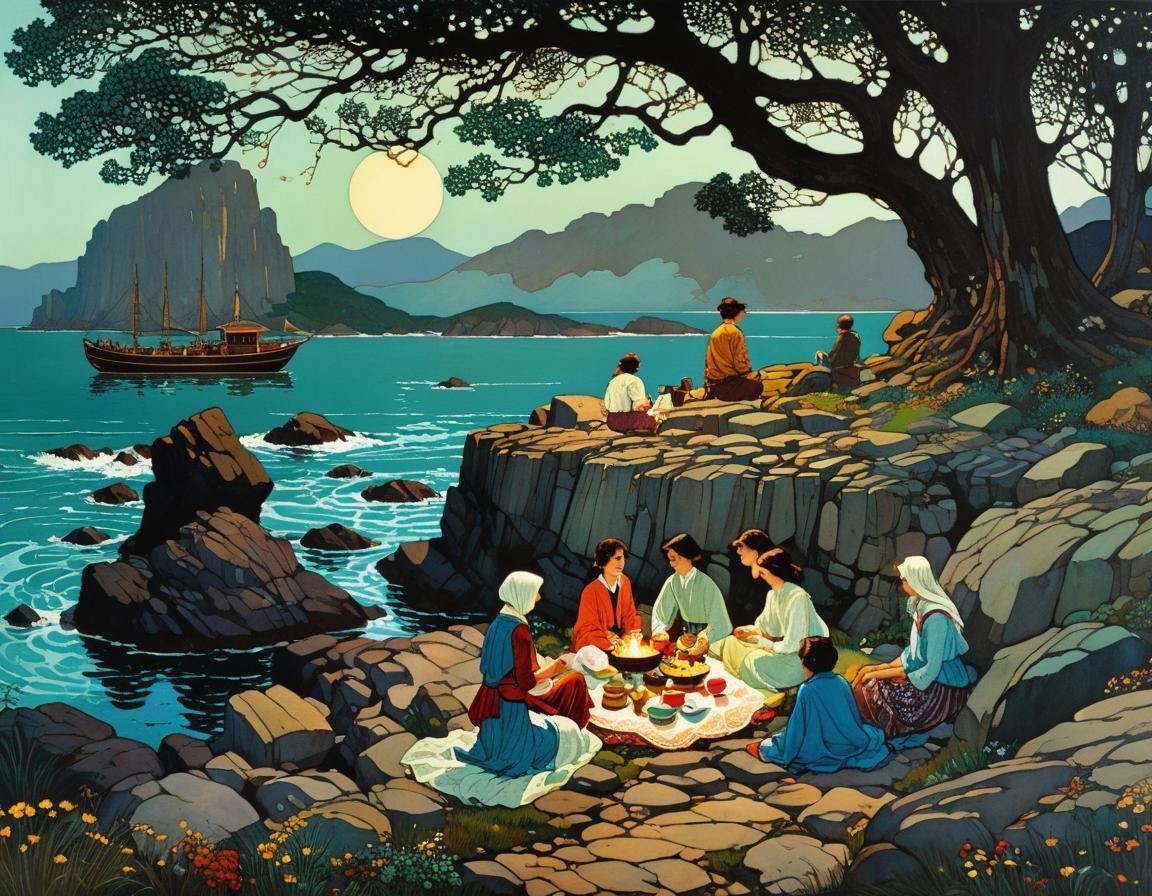 Picnic on Rocky Island: Intricate Illustration