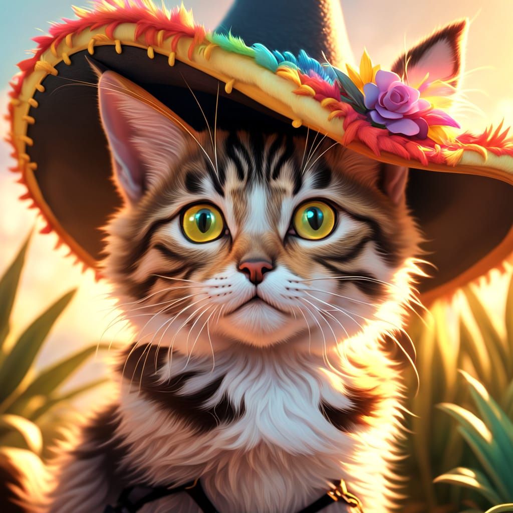 Kitten Wearing Sombrero in 3D Anime Style