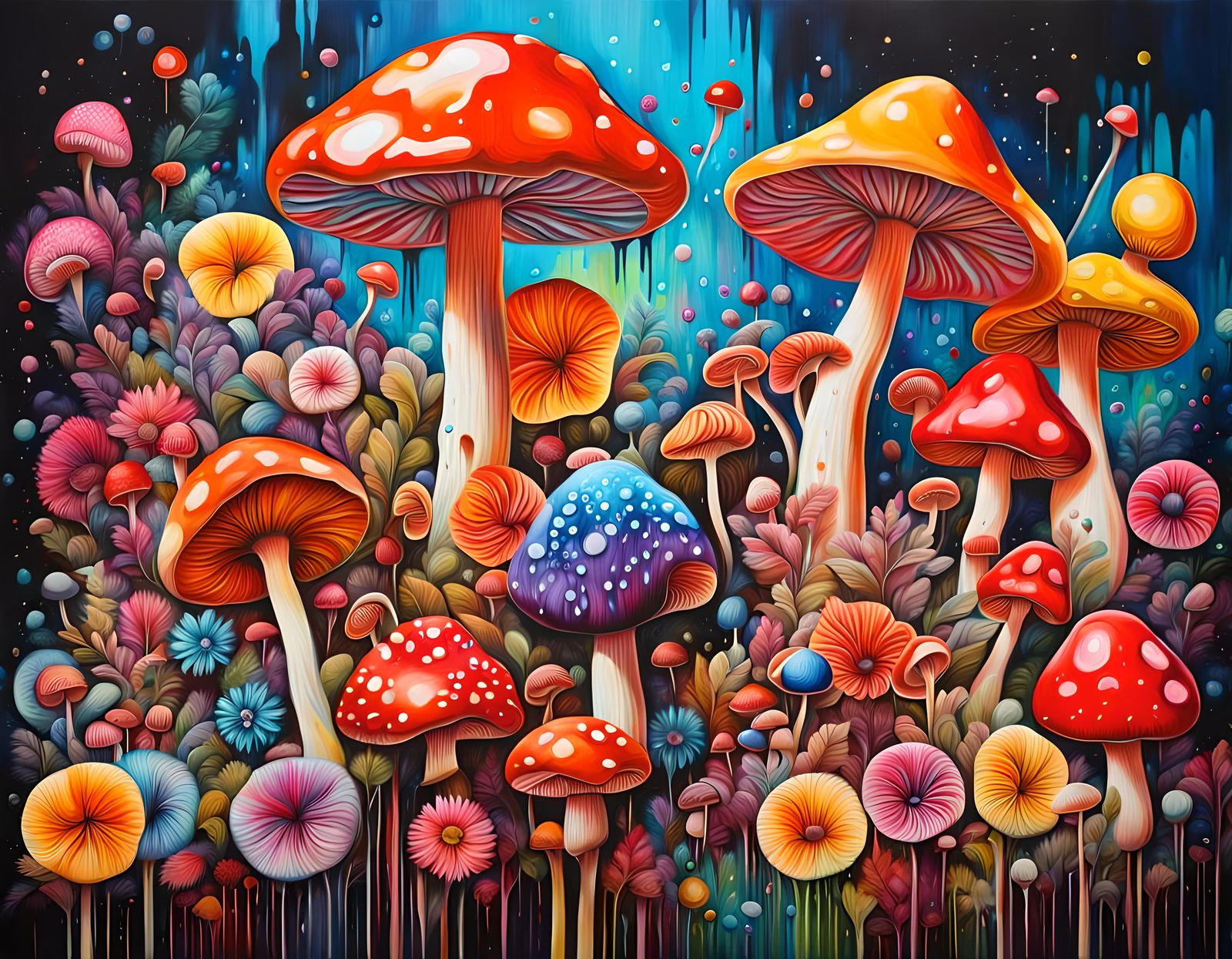 Colorful Flowers and Mushrooms in Abstract Dreamscape