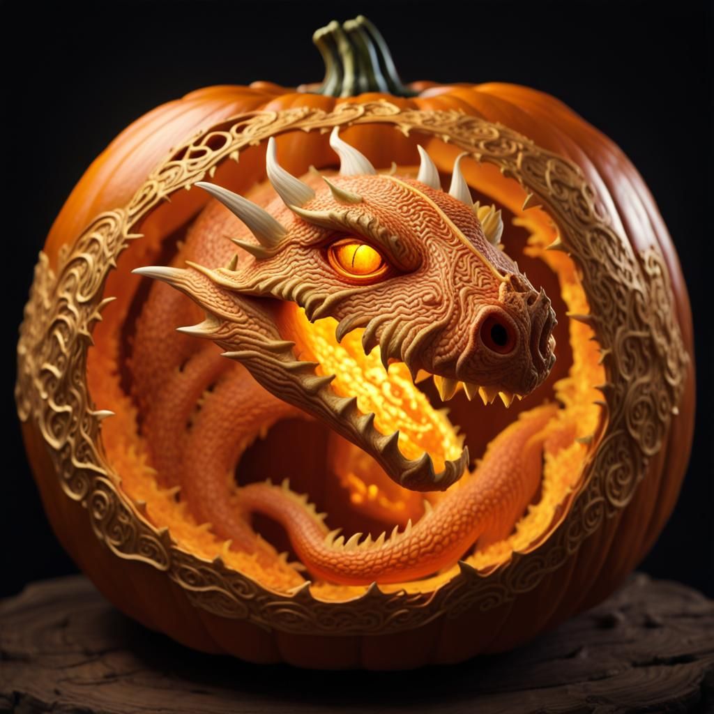 Whimsical Pumpkinhead with Dragons in Fantasy Art