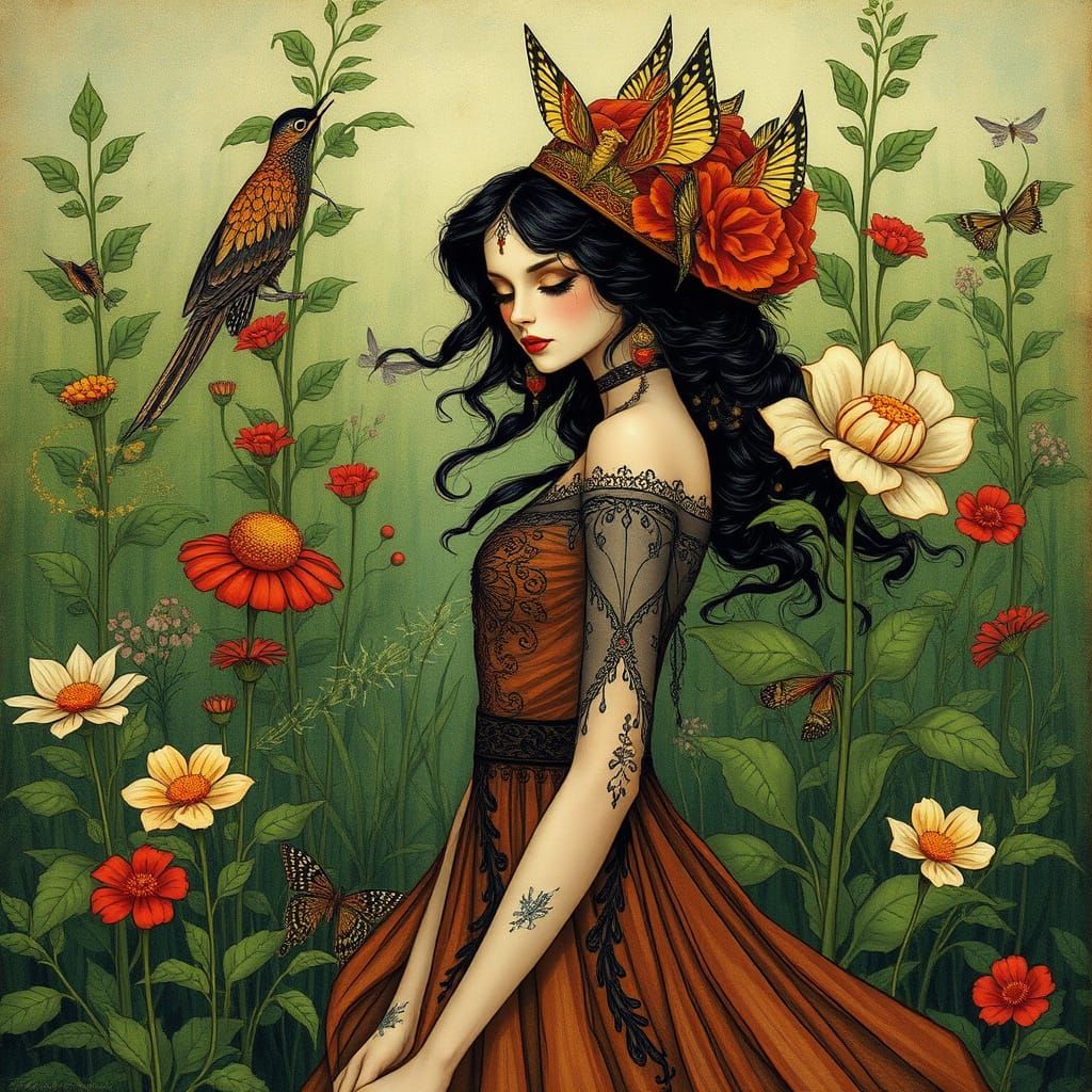 Elegant Woman in Lush Greenery: A Whimsical Art Piece