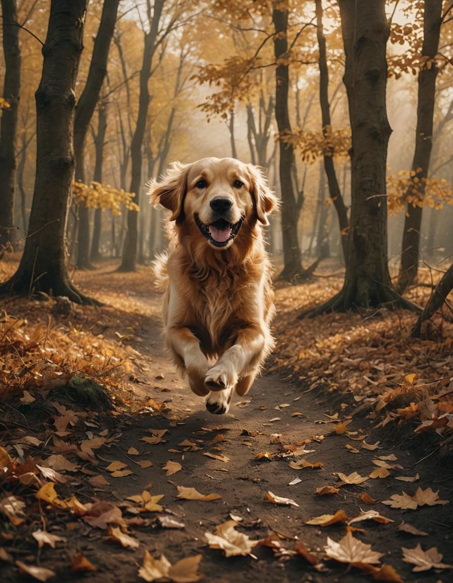 Golden Retriever in Autumn Landscape: Cinematic Film Still