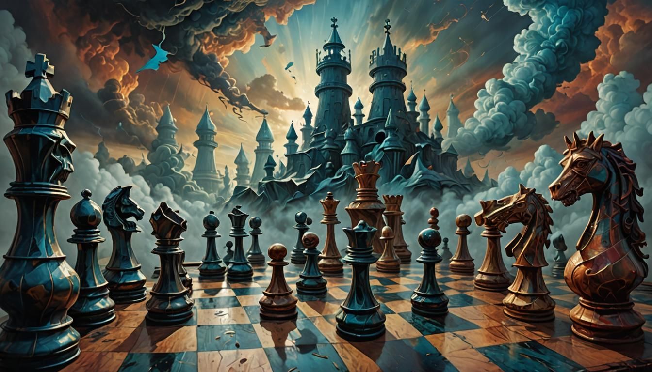 Surreal Chess Game in a Fantasy Landscape