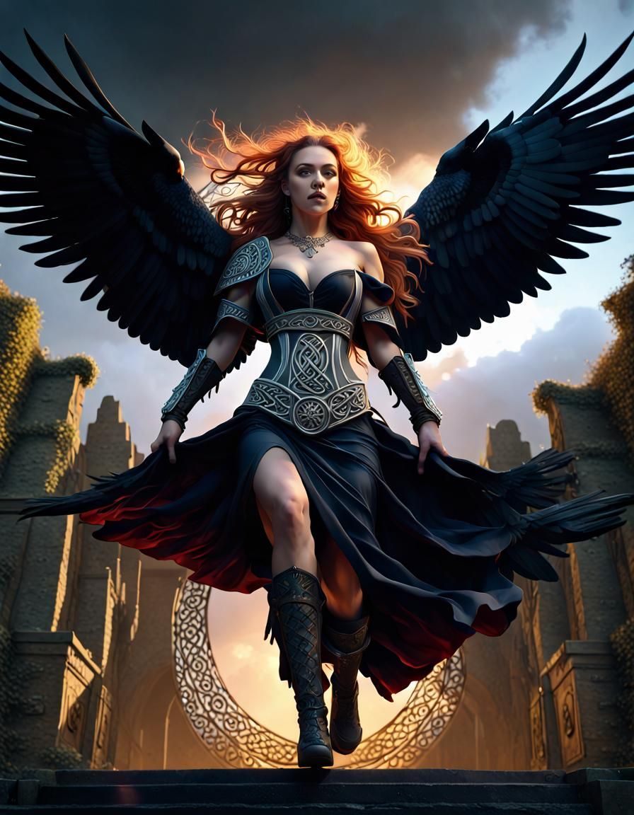 Celtic Woman Riding Raven in Dark Fantasy Style