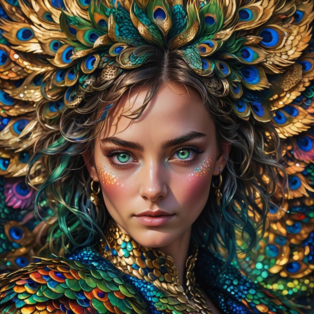 Striking Woman with Rainbow Dragon Scales, Digital Portrait