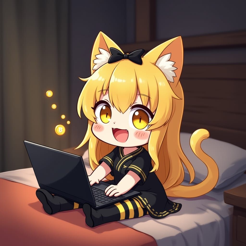 Chibi Anime Catgirl Buys Bitcoin in Cozy Nighttime Lair