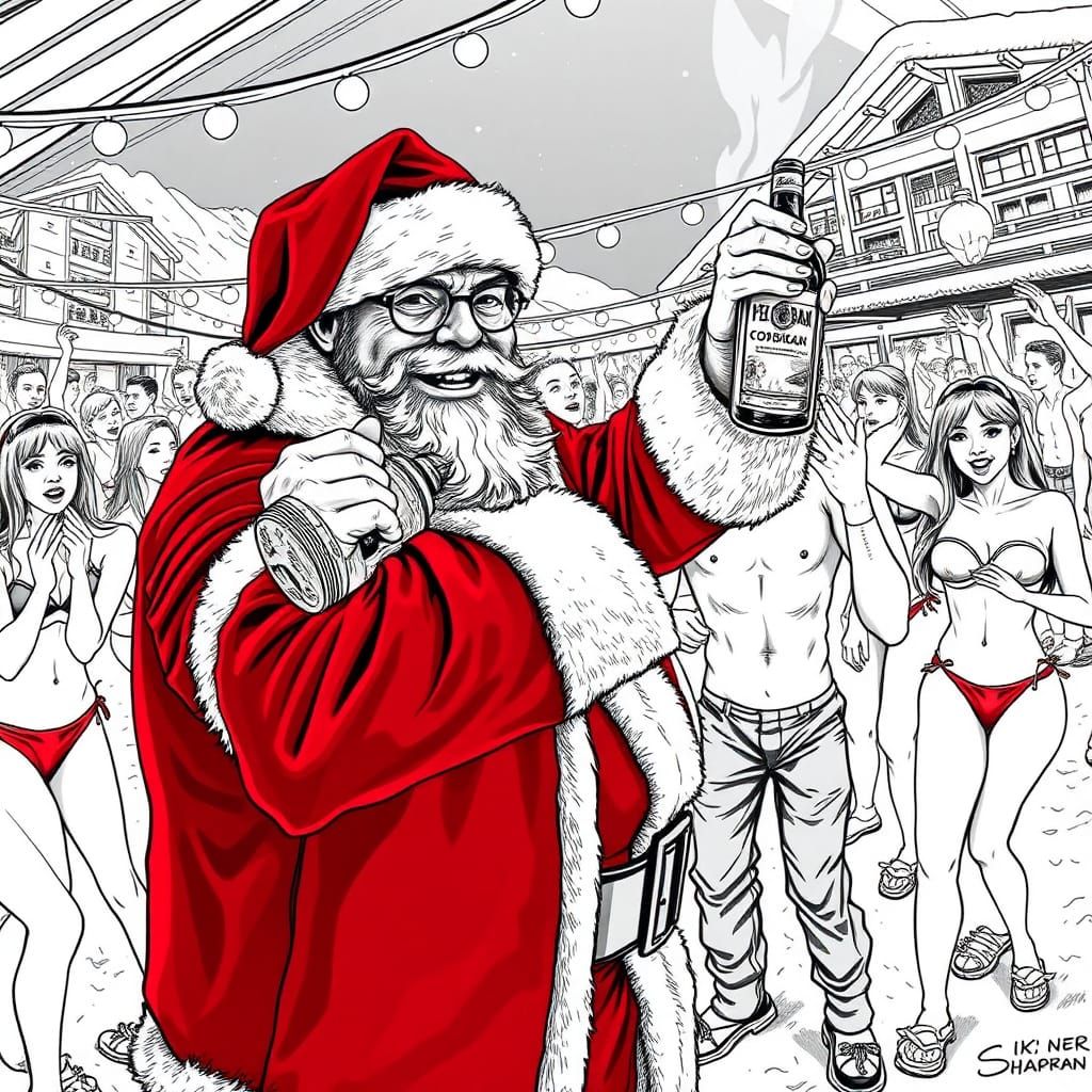 Santa's Après-Ski Party: A Black and White Illustration