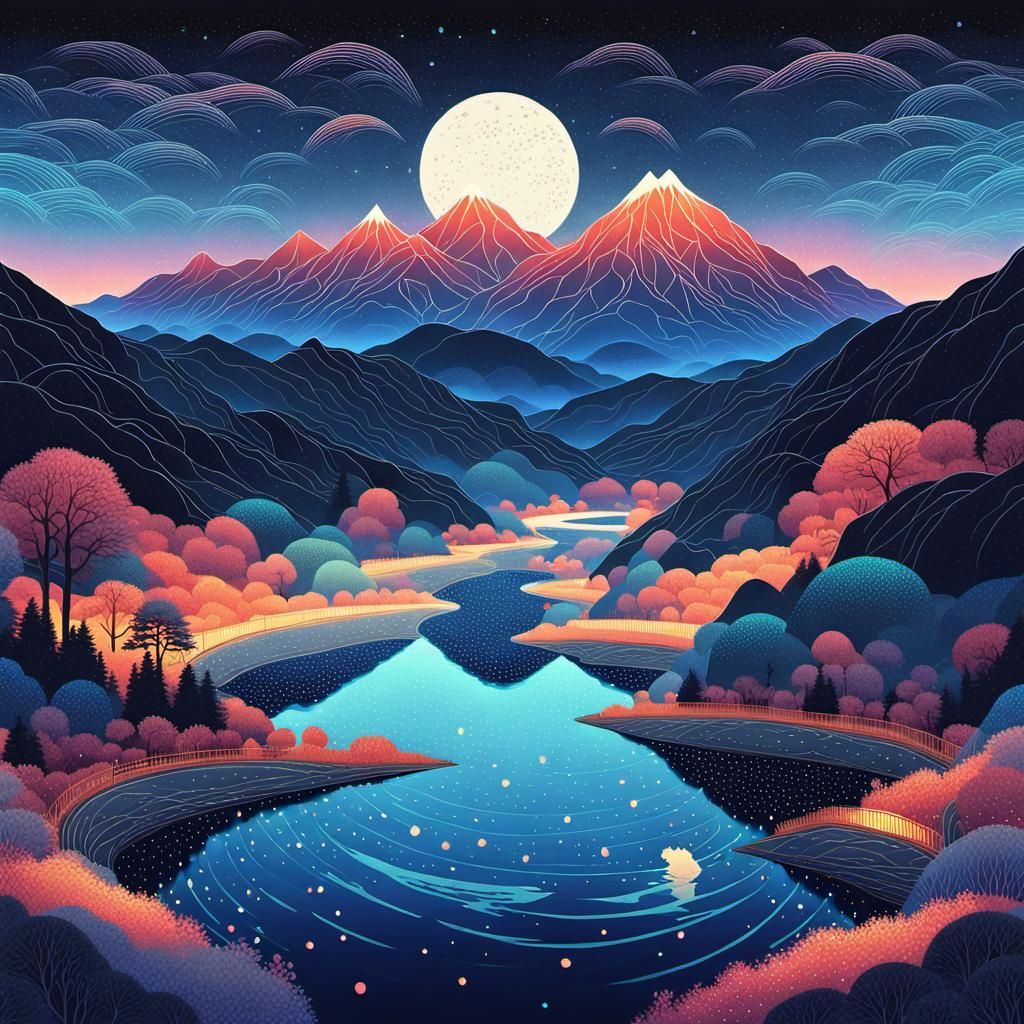 Ethereal Night Landscape in Art Nouveau Style