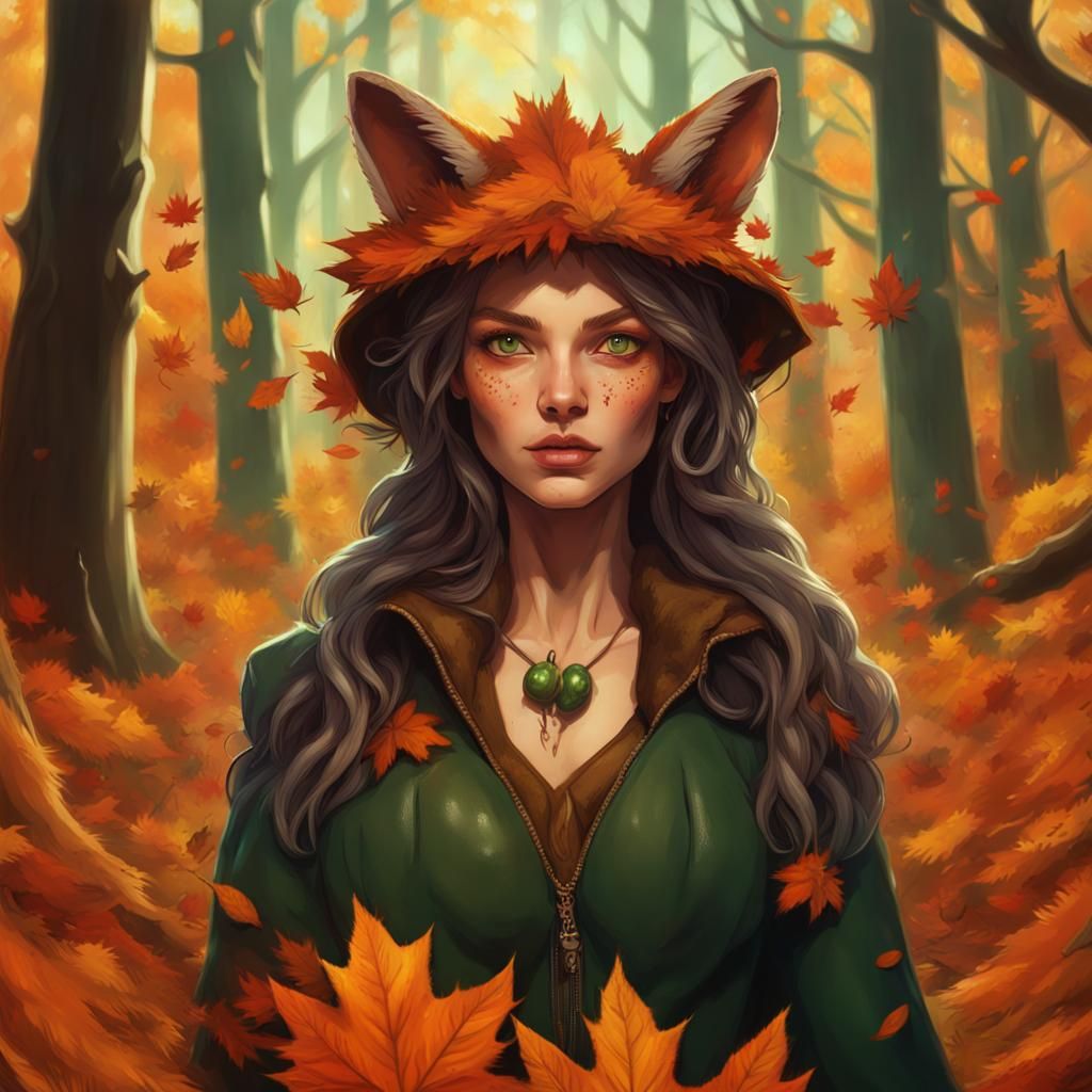 Earth Witch in Autumn Forest with Animals