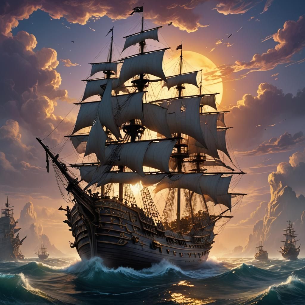 Majestic Pirate Ship at Sunset: Baroque Fantasy Art