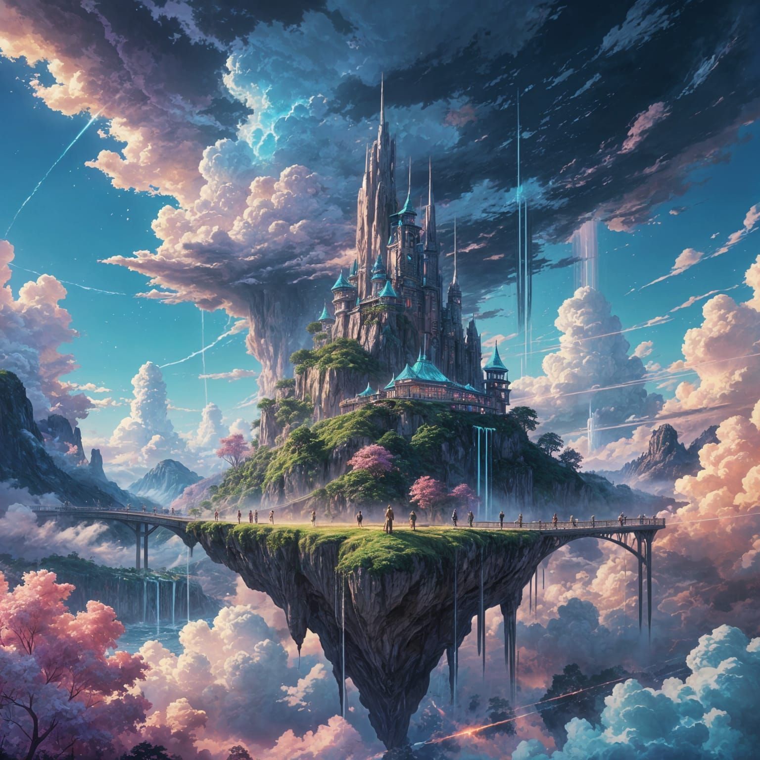 Anime Sky Dreamscape With Floating Neon Islands and Crystal ...