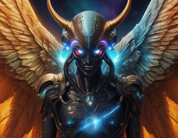 Surreal Alien Angel Mech in Nebula with Glowing Runes