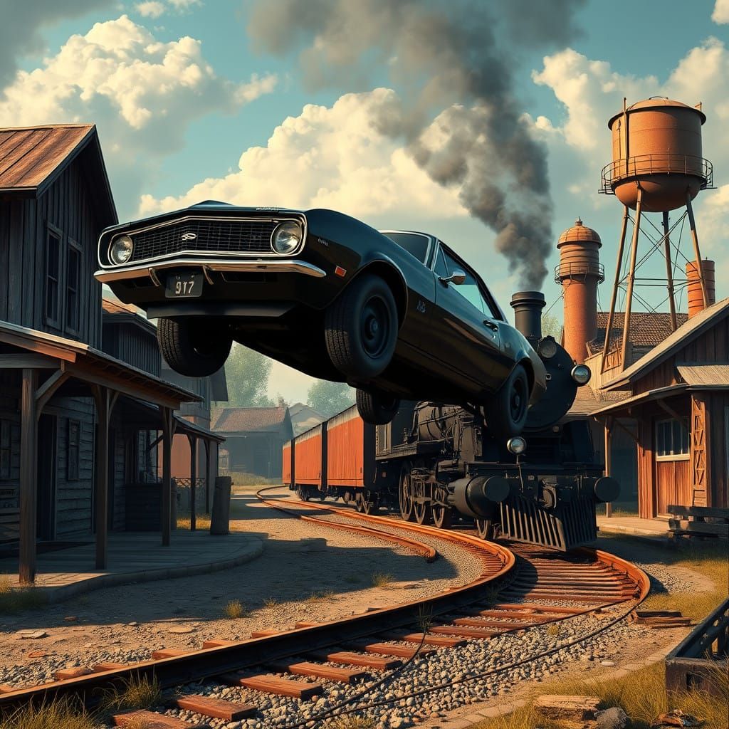 Sleek Black Camaro Leaps Over Vintage Steam Locomotive in Re...