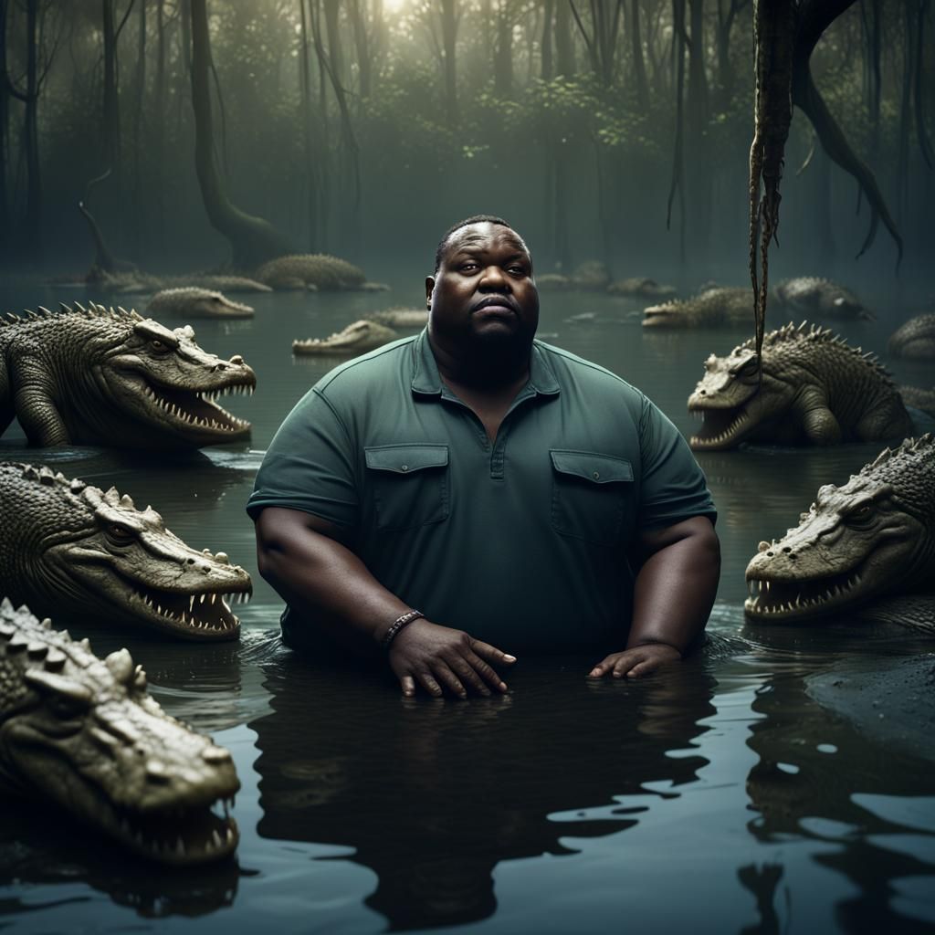 Swamp Man Surrounded by Crocodiles, Detailed Matte Painting