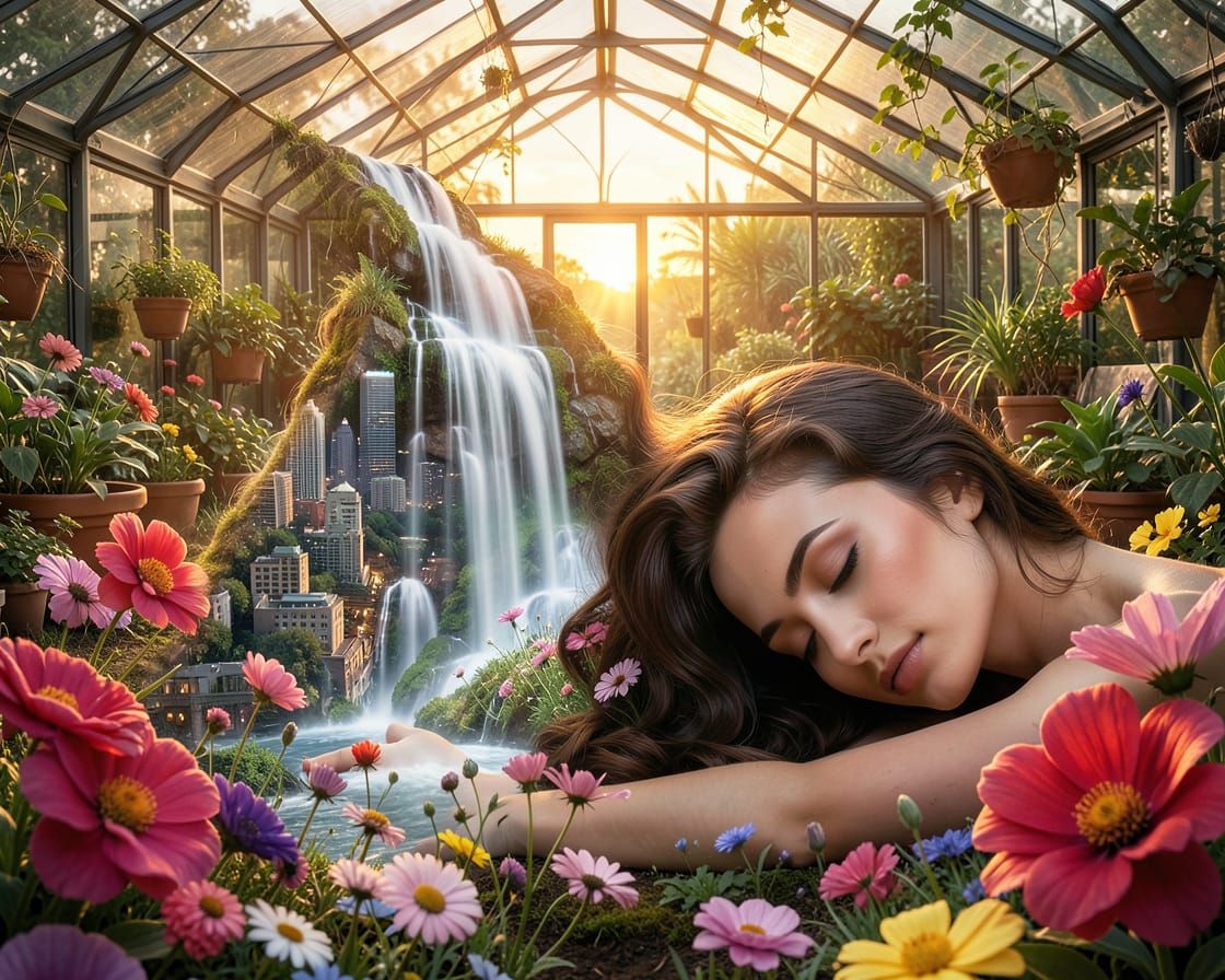 Surreal Woman Waterfall Artwork with Cityscape and Garden