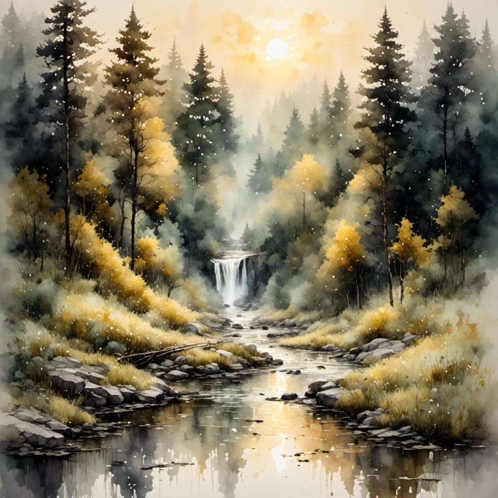 Forest Stream Waterfall at Dawn: Antique Watercolor