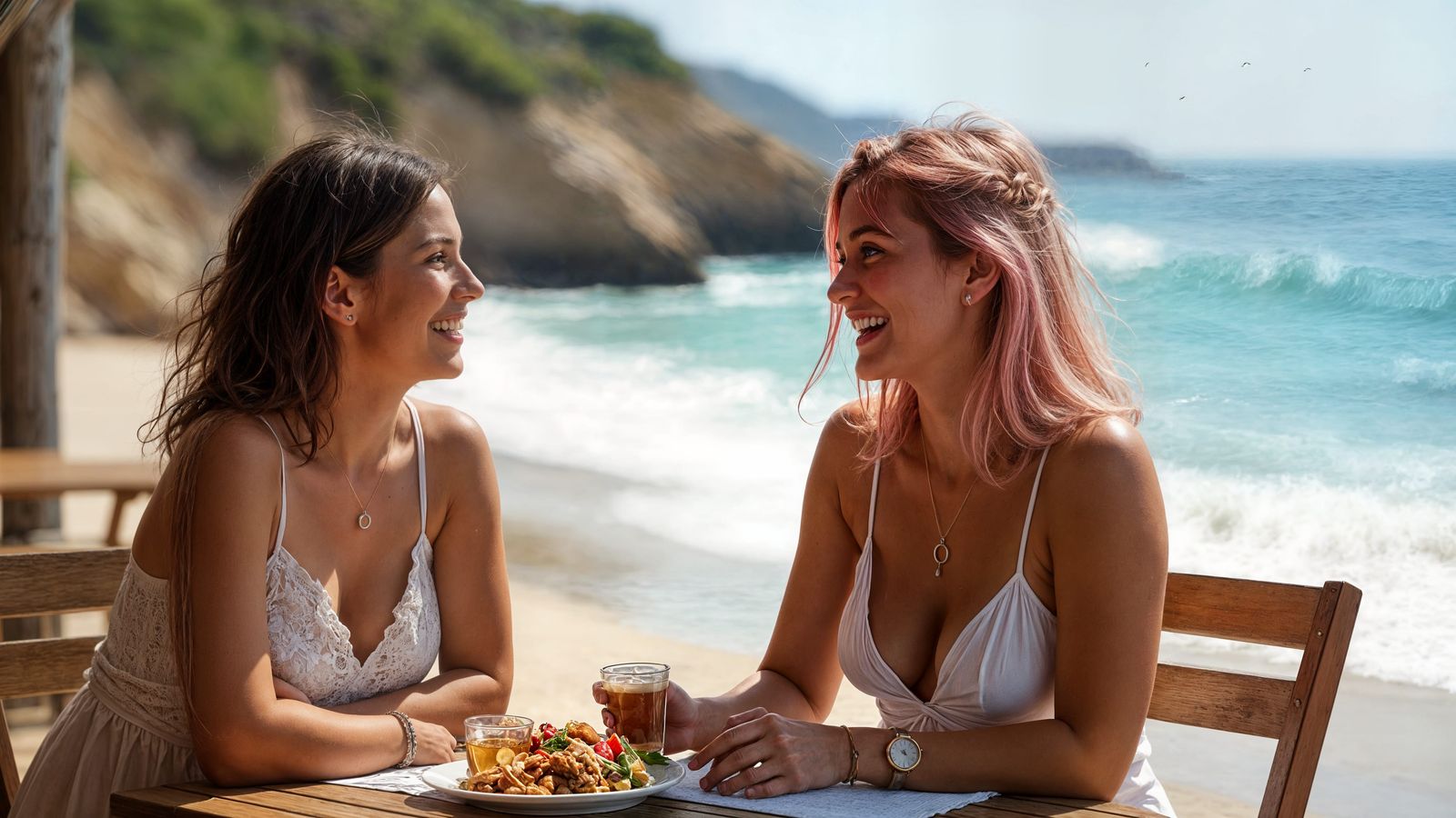Laughing Women at Beach Cafe in Photorealistic Style